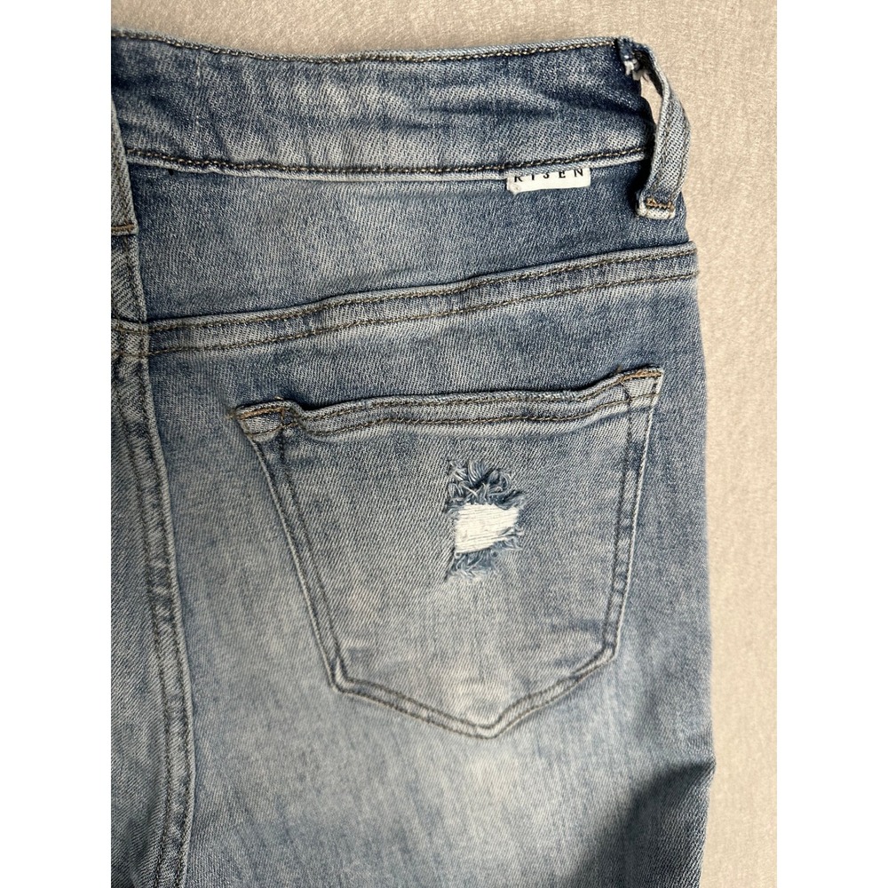 Risen Jeans High Rise Distressed Straight Leg Frayed Hem Denim Light Wash 7/28 - Picture 7 of 8